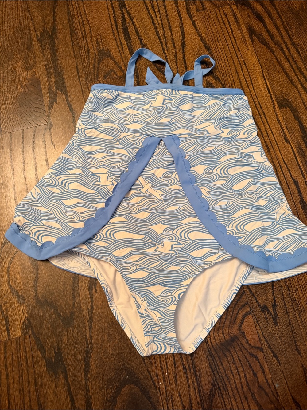 The Beaufort Bonnet Company Girls Blue and White Wave Print Swim Suit with Skirt